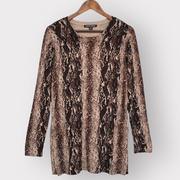 Boston Proper Tunic Top‎ Women S Brown Animal Print Long Sleeve Round Neck V82 - Picture 1 of 16